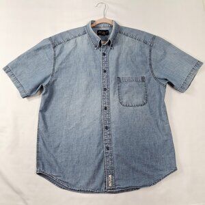 Eddie Bauer Sz L Button Down Cotton Stone Wash Blue Short Sleeve Shirt Wpl #9647